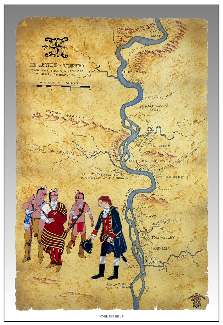 When Lt. Henry Timberlake visited the area in 1762, most of the towns still had Muskogean names, i.e., Tallassee, Chilhowie, Settiquo, Tanasi, Toquo, Tommotley and Tuskeegee, even though they were occupied by Cherokee.  Only Chota founded in 1735 and Mialaquo founded about 1755 bore Cherokee names.Although there had been a number of visitors to Cherokee Territory in the 1700’s, documentation of Cherokee customs, traditions and lifestyle was sparse.  That changed with Henry Timberlake’s “Map and Memoirs”, (the most complete account of 18th Century Cherokee life). 